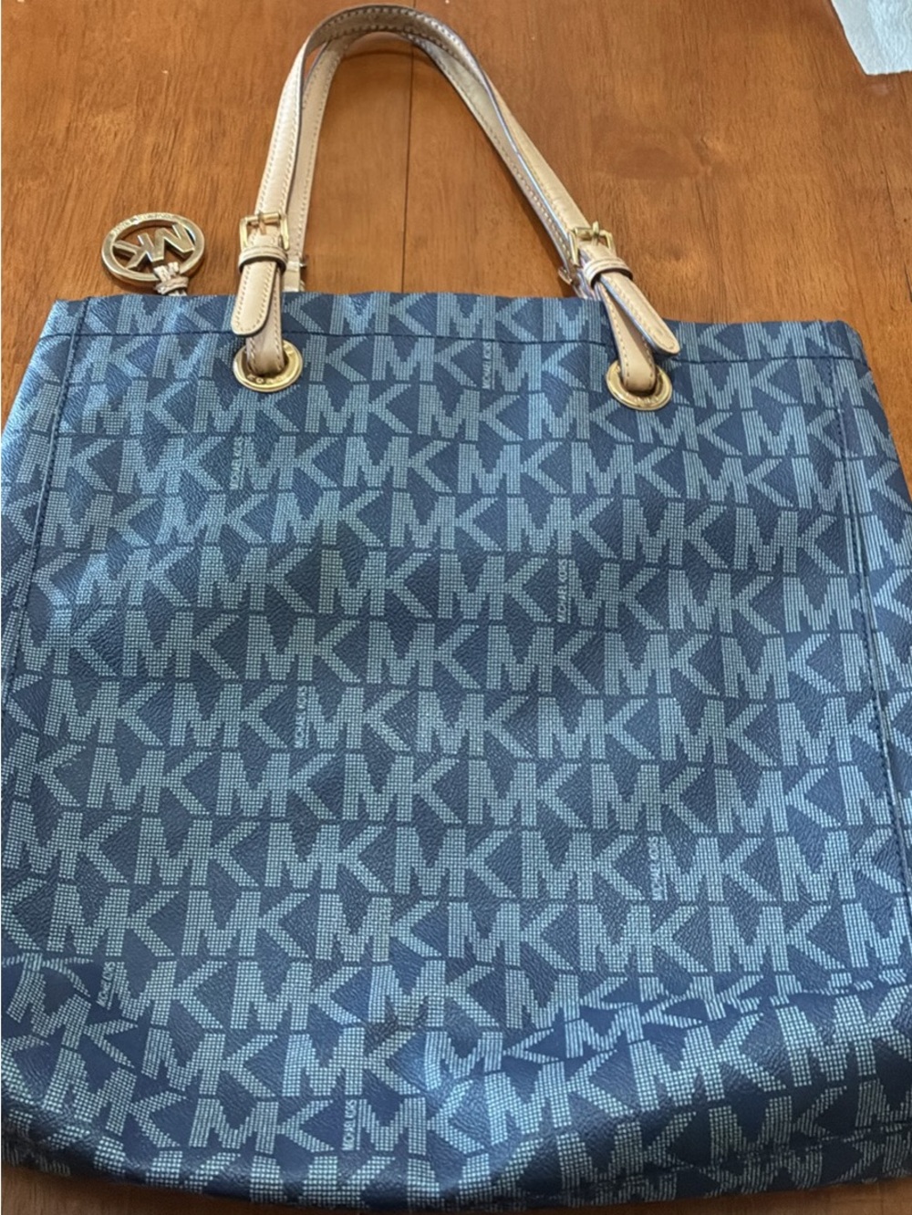 Michael Kors Navy Logo Tote with Tan Handles